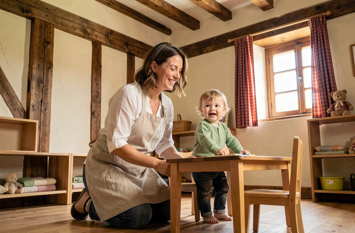 Éducatrice en micro-crèche KoKooN Hiruburu à Saint-Pierre-d'Irube avec décor architectural basque traditionnel