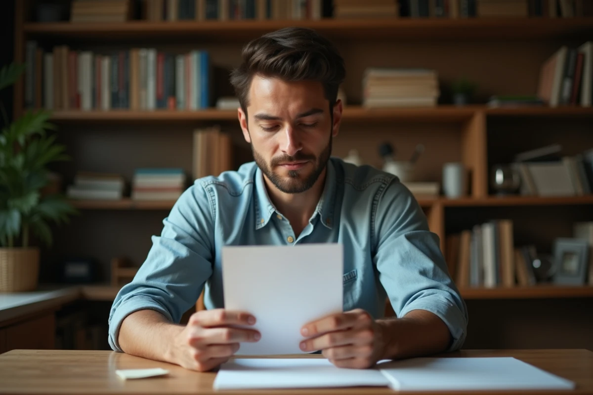 Homme lisant une lettre dans un bureau cosy