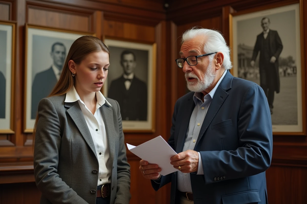Homme et jeune fille lisant une plaque commémorative dans une salle
