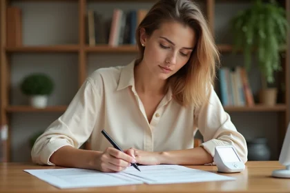 Jeune mère écrivant une lettre de demande de temps partiel à 80% après son congé maternité, assise à une table en bois dans un intérieur chaleureux