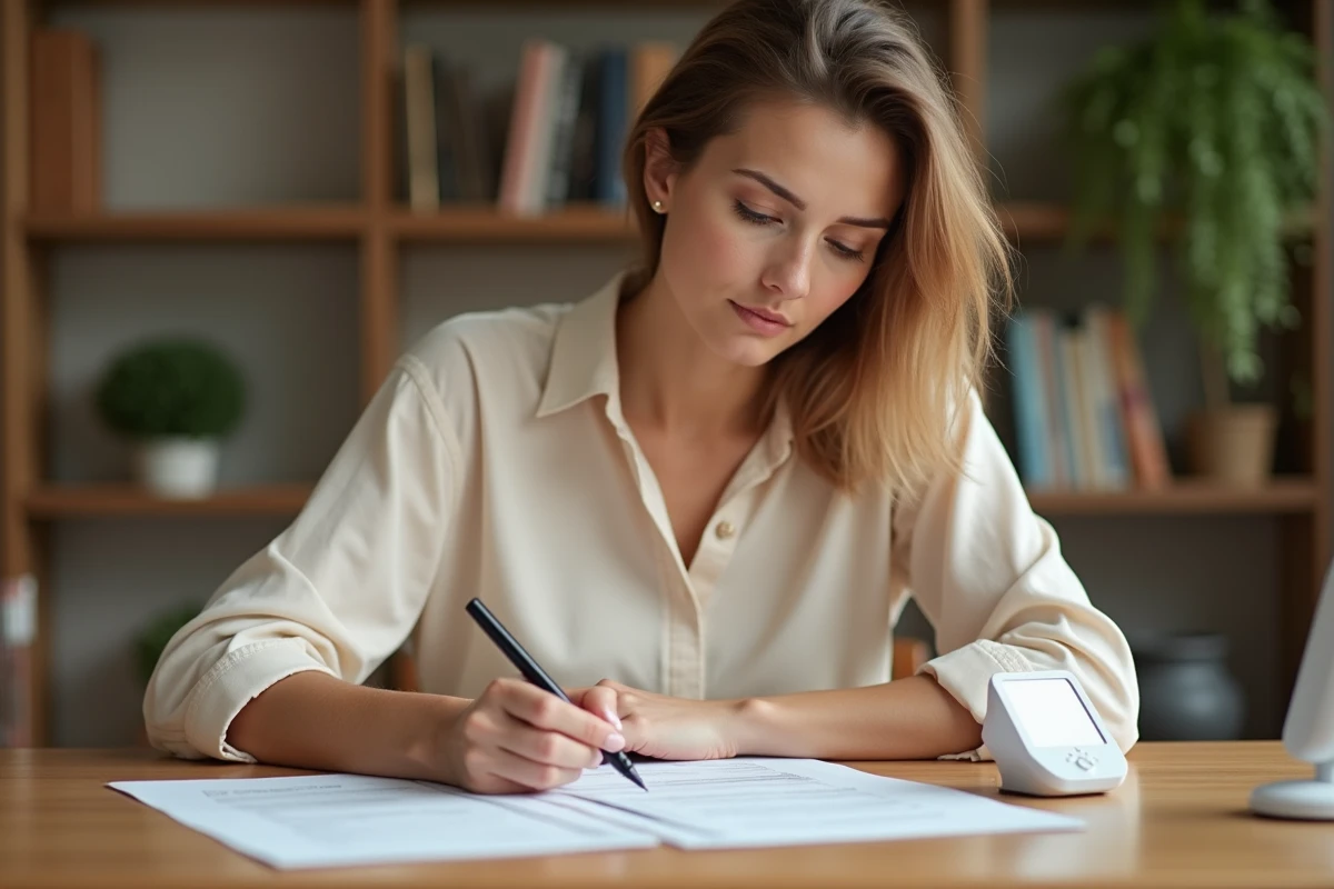 Jeune mère écrivant une lettre de demande de temps partiel à 80% après son congé maternité, assise à une table en bois dans un intérieur chaleureux