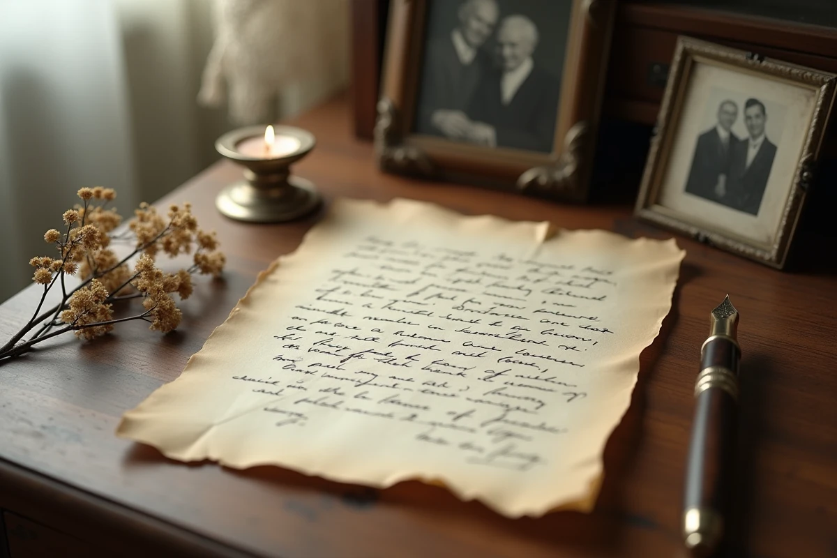 Lettre manuscrite d'un grand-père décédé posée sur une table avec une vieille photographie et un stylo plume vintage
