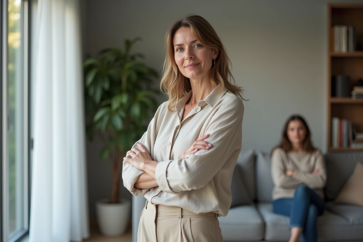 Femme adulte adoptant une posture assurée face à une autre femme en retrait, symbolisant l'établissement de limites psychologiques dans une relation