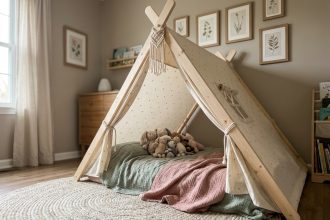 Lit tipi pour enfant avec structure en bois naturel, draps en lin crème et coussins doux dans une chambre décorée en tons neutres chaleureux