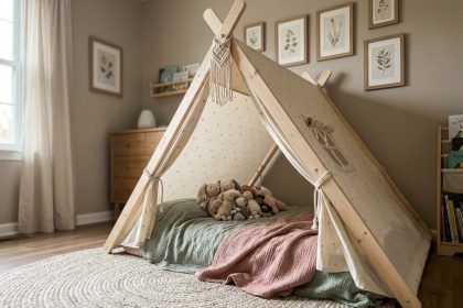 Lit tipi pour enfant avec structure en bois naturel, draps en lin crème et coussins doux dans une chambre décorée en tons neutres chaleureux