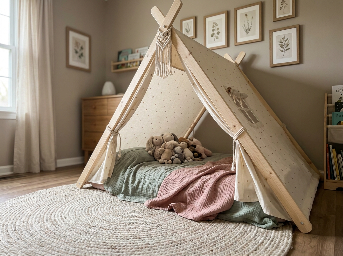 Lit tipi pour enfant avec structure en bois naturel, draps en lin crème et coussins doux dans une chambre décorée en tons neutres chaleureux