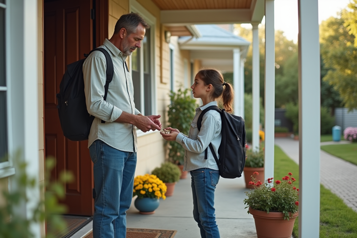 Homme propriétaire reçoit des pièces de la jeune fille devant la maison