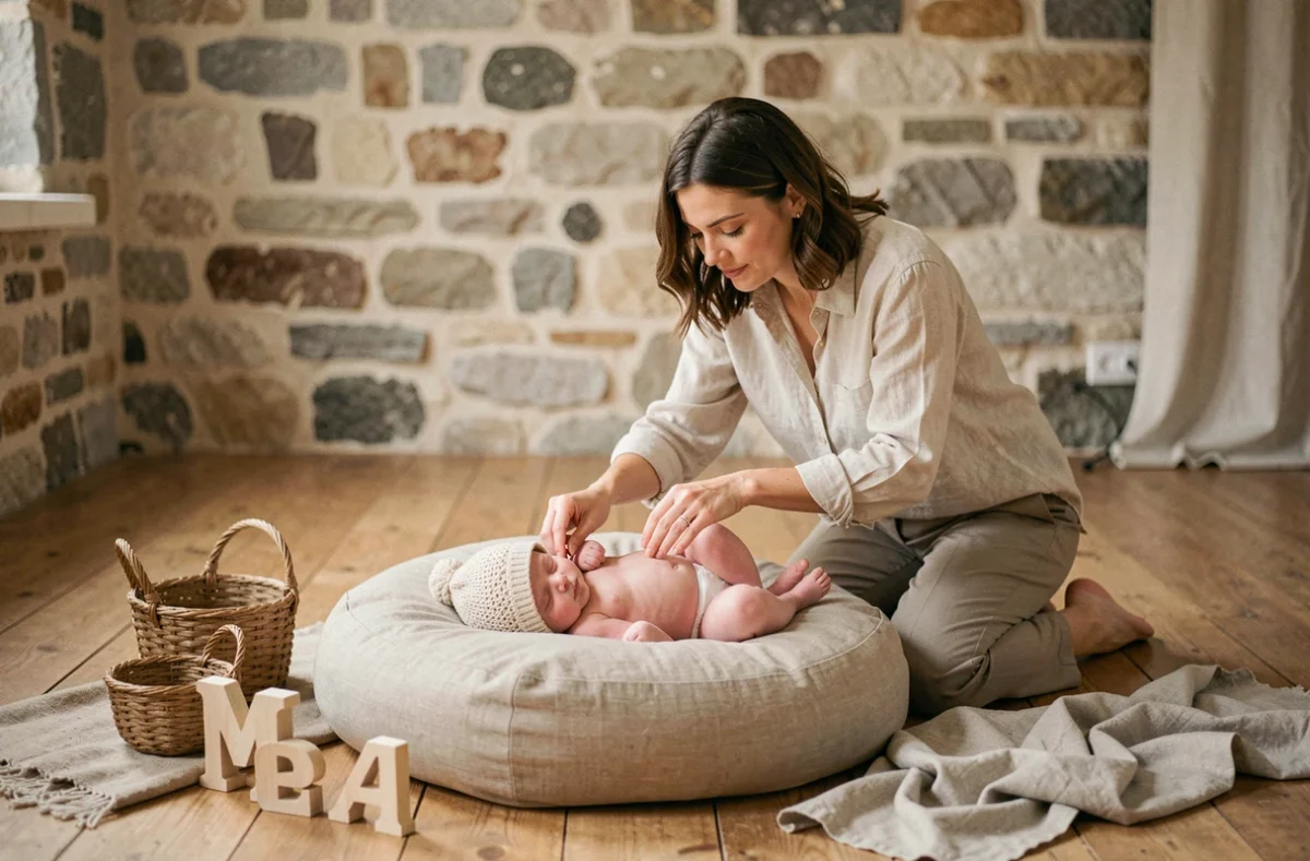 Lucille Images, photographe naissance à Metz, ajustant délicatement la pose d'un nouveau-né portant un bonnet tricoté dans son studio aux murs en pierre apparente