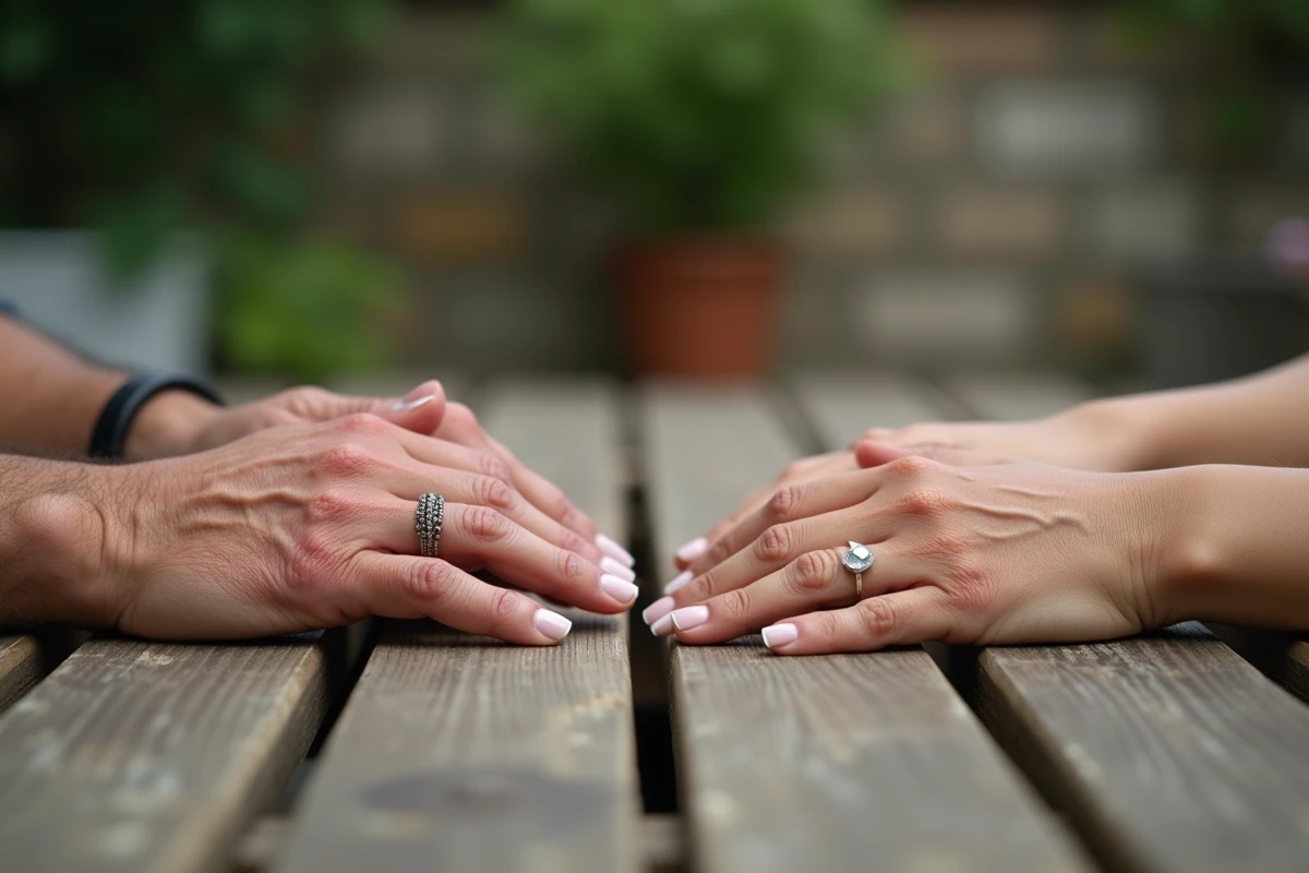 Gros plan sur deux paires de mains posées côte à côte sur une table en bois, symbole discret d'une relation amoureuse respectant l'anonymat
