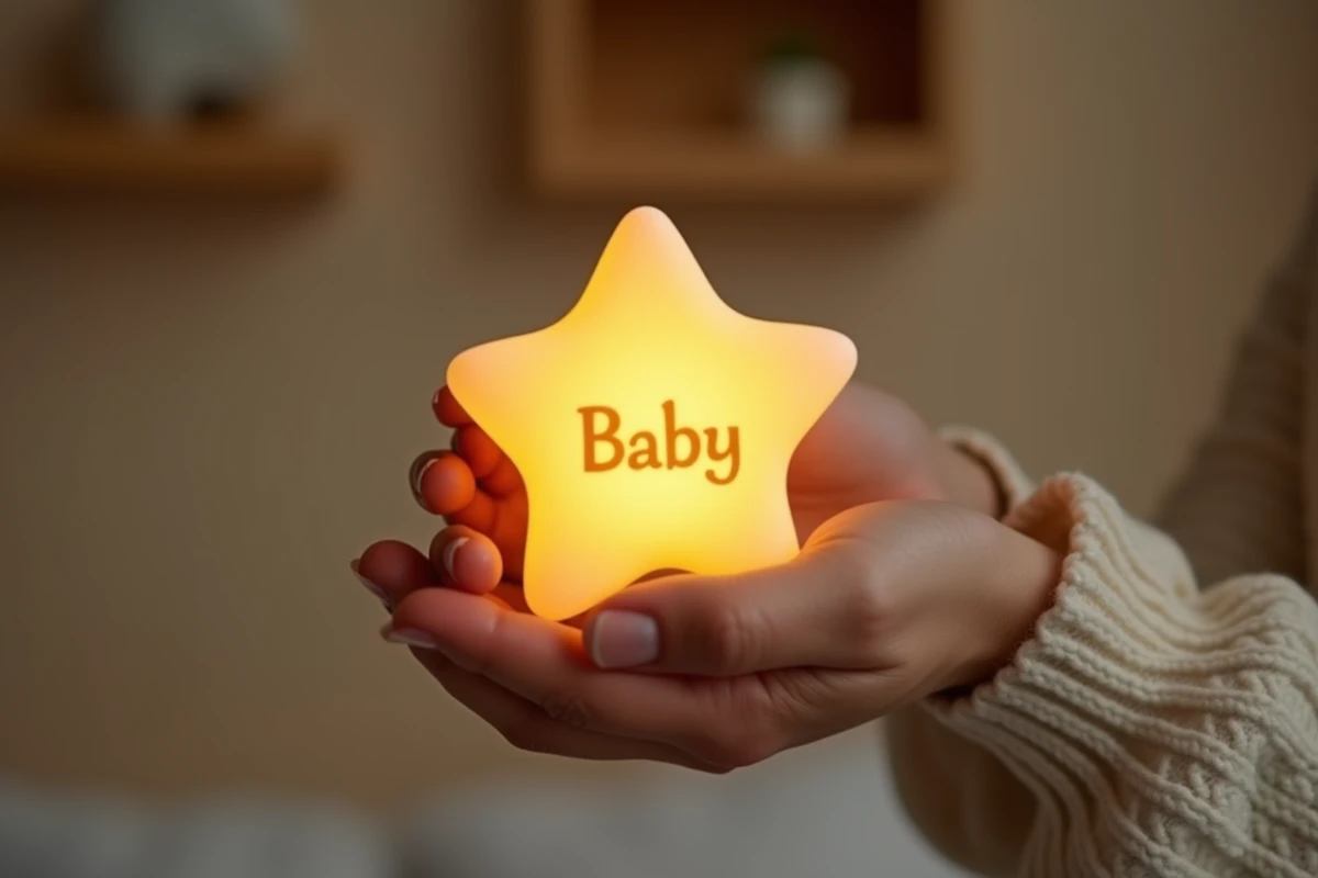 Mains d'une mère tenant une veilleuse bébé personnalisée en silicone en forme d'étoile avec prénom gravé