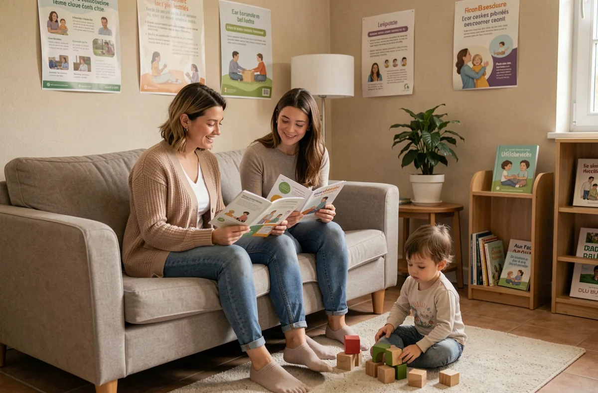 Accompagnement parental à la Maison de la Famille Colmar, une conseillère et une mère examinant ensemble des brochures pendant que l'enfant joue