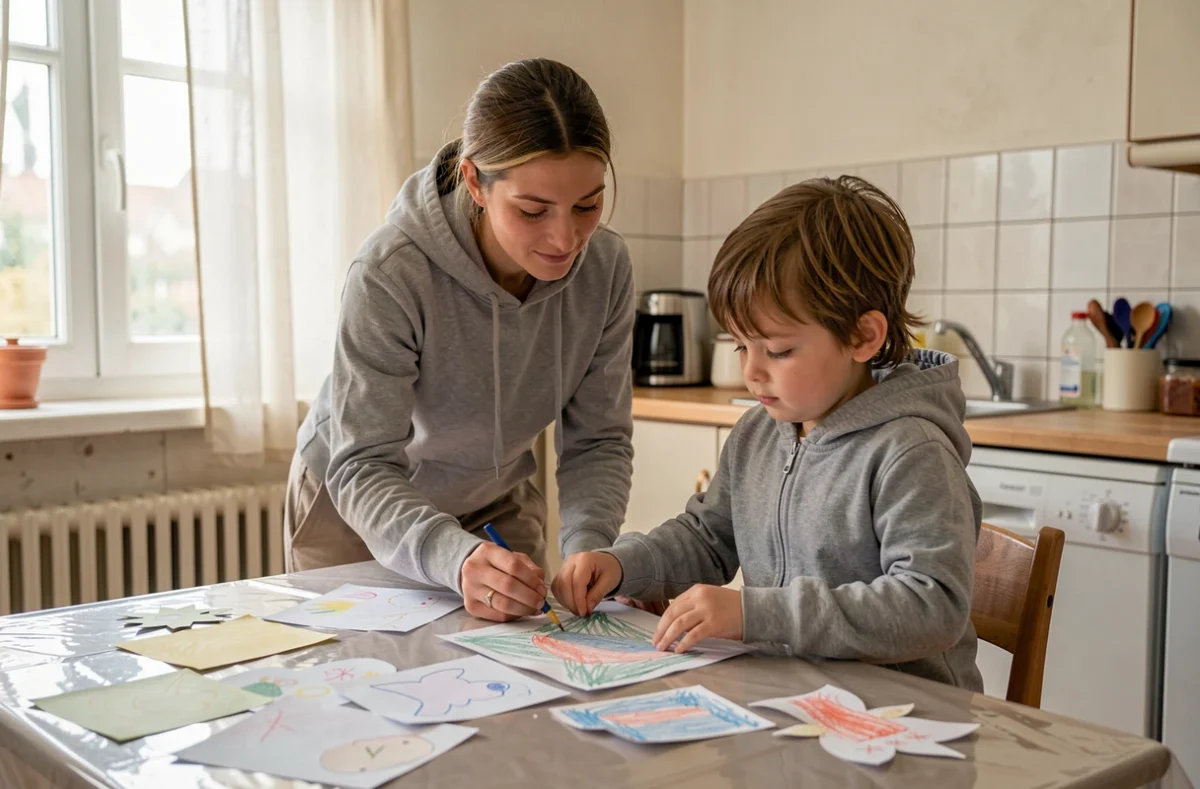 Garde d'enfants par la Maison Pour Tous Sainte-Savine, une baby-sitter aidant un jeune enfant dans une activité de bricolage à une table de cuisine