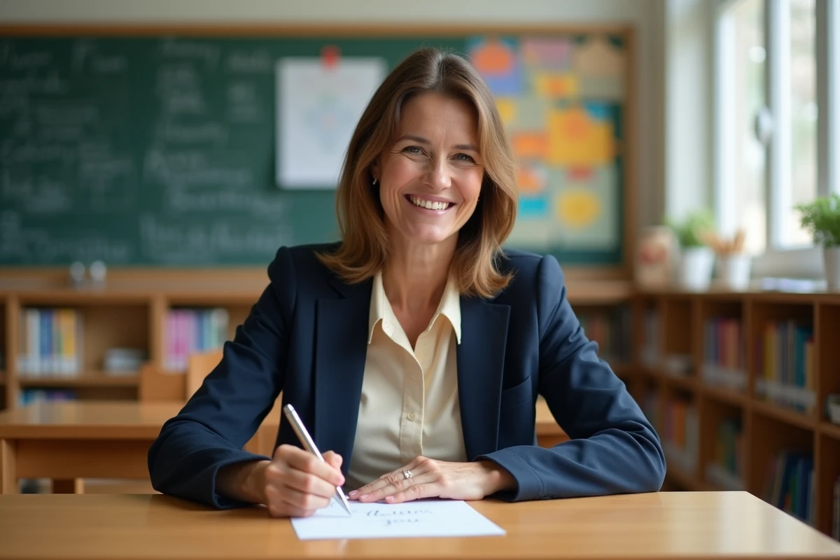 Maîtresse d'école écrivant un message de remerciement manuscrit sur une carte dans une salle de classe colorée