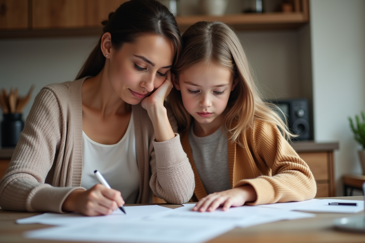 Maman aide sa fille à remplir des formulaires scolaires