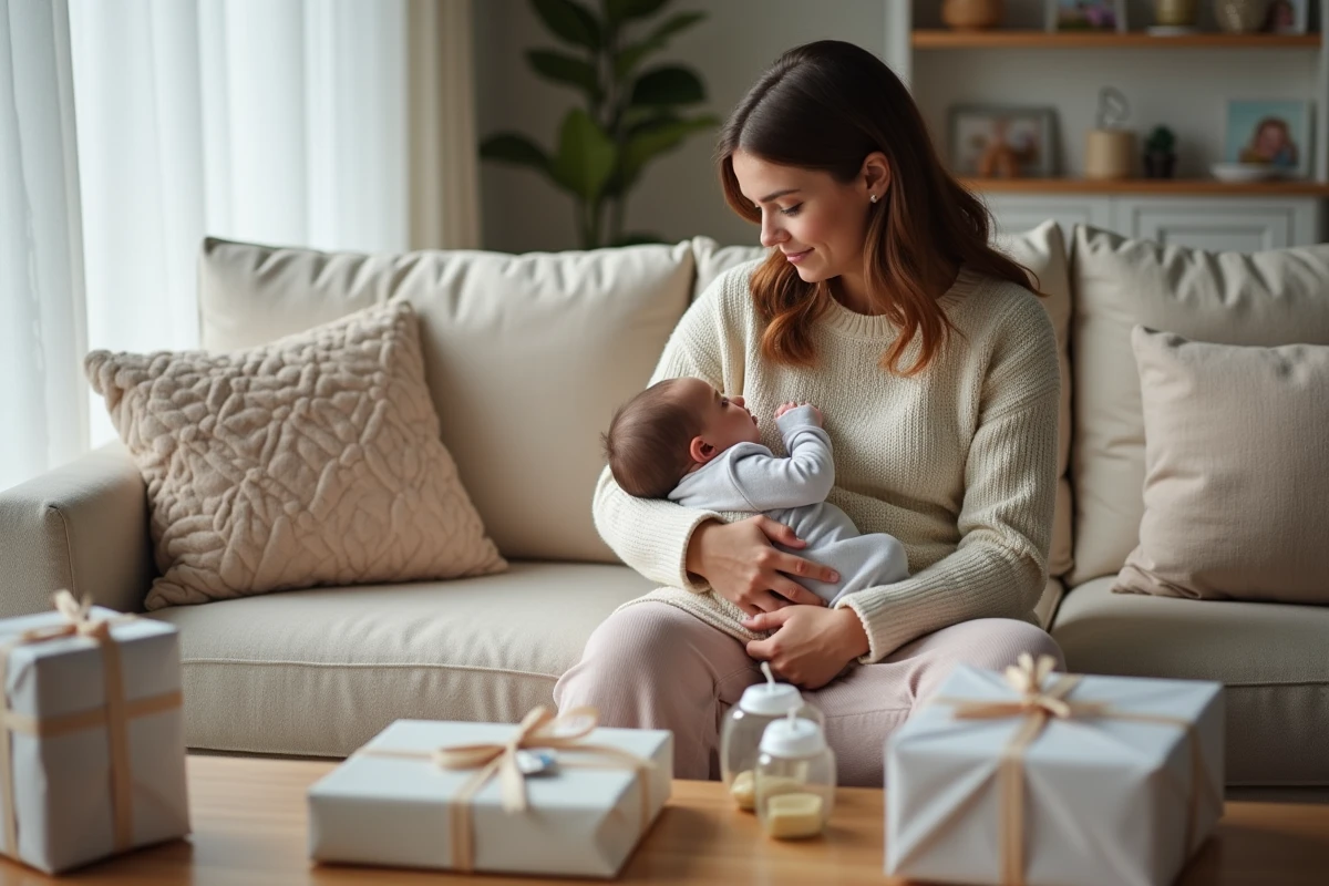 Jeune maman avec bébé dans un salon chaleureux