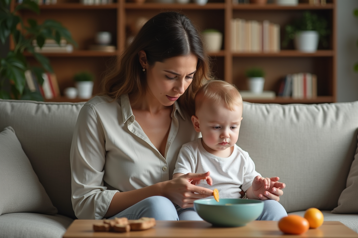 Maman regarde tendrement son bébé avec un bol de fruits