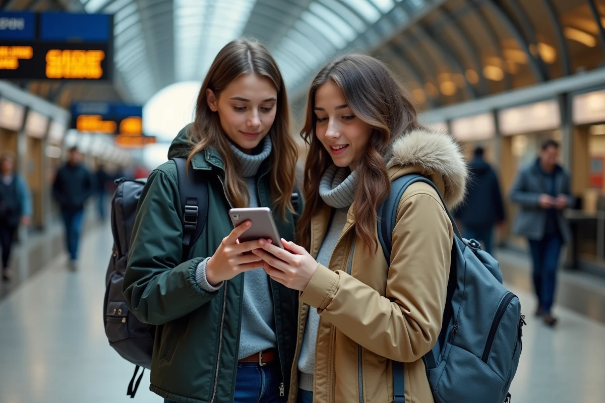 Mère et fille vérifiant des billets de train à la gare