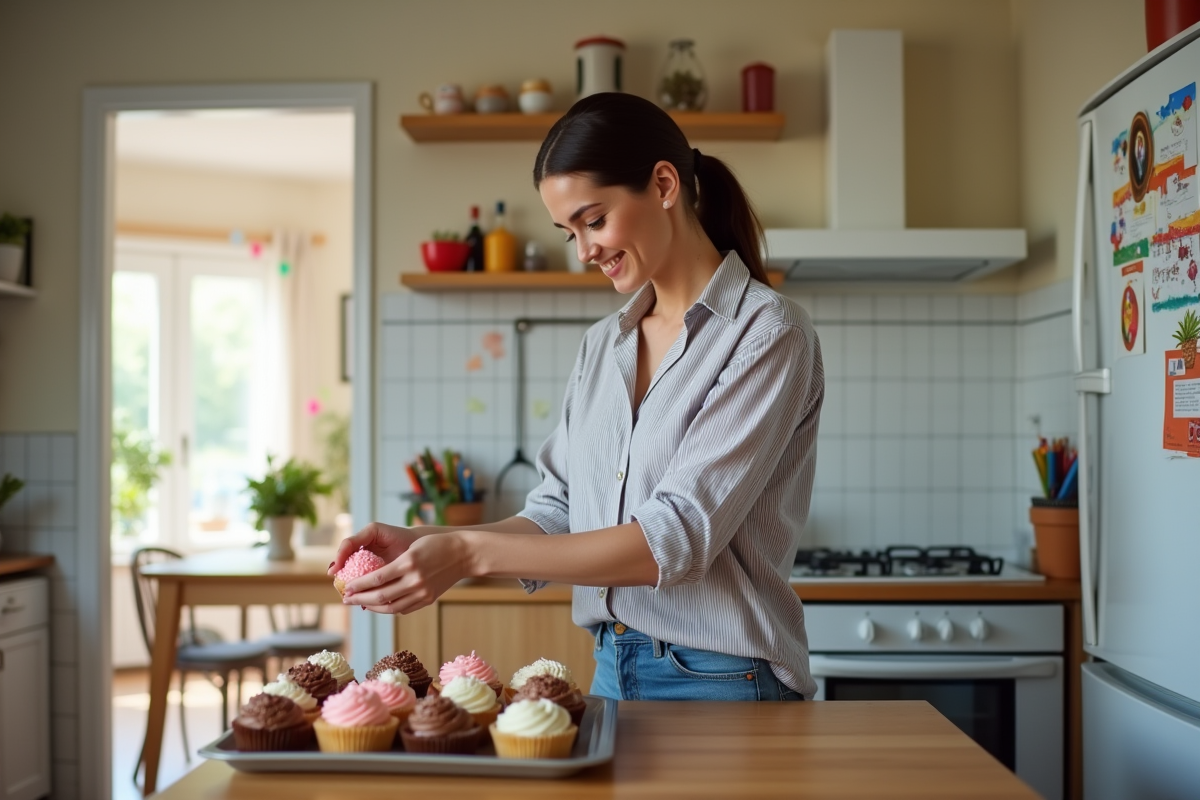 Maman arrangeant des cupcakes dans la cuisine lumineuse