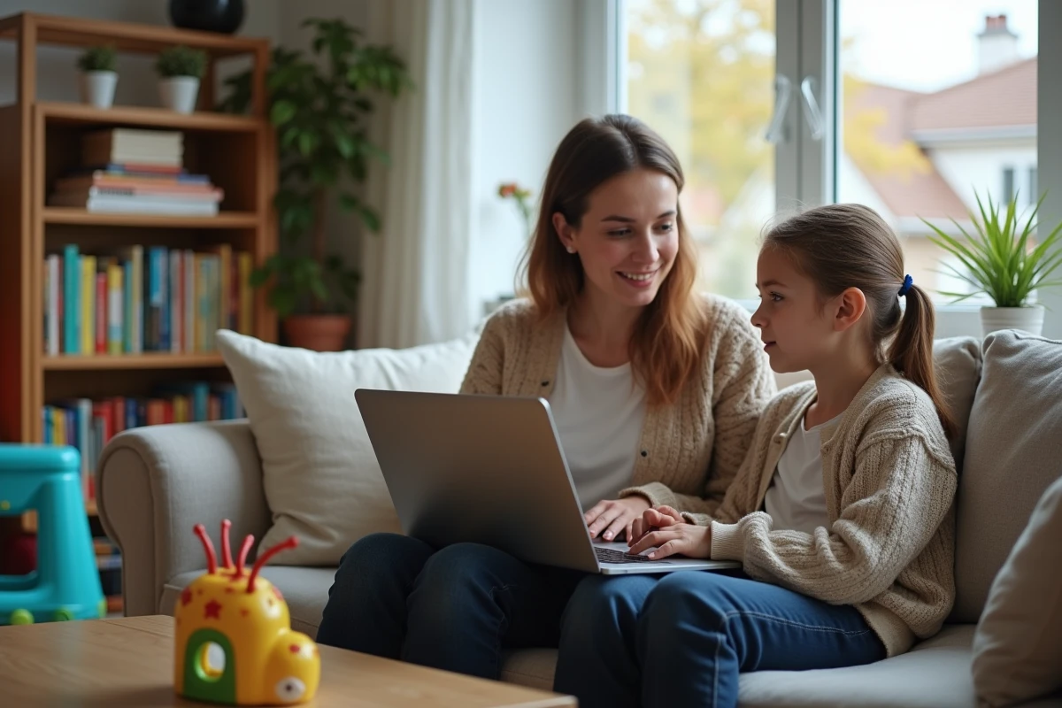 Maman discutant avec une babysitter dans le salon