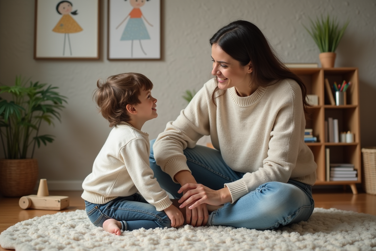 Maman souriante avec son enfant dans un salon chaleureux