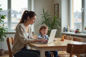 Maman et son enfant regardant un ordinateur dans un appartement lumineux