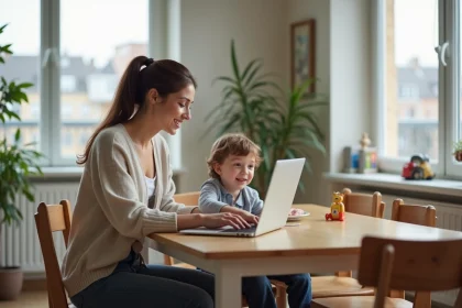 Maman et son enfant regardant un ordinateur dans un appartement lumineux