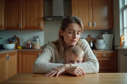 Maman fatiguée dans la cuisine avec enfant jouant
