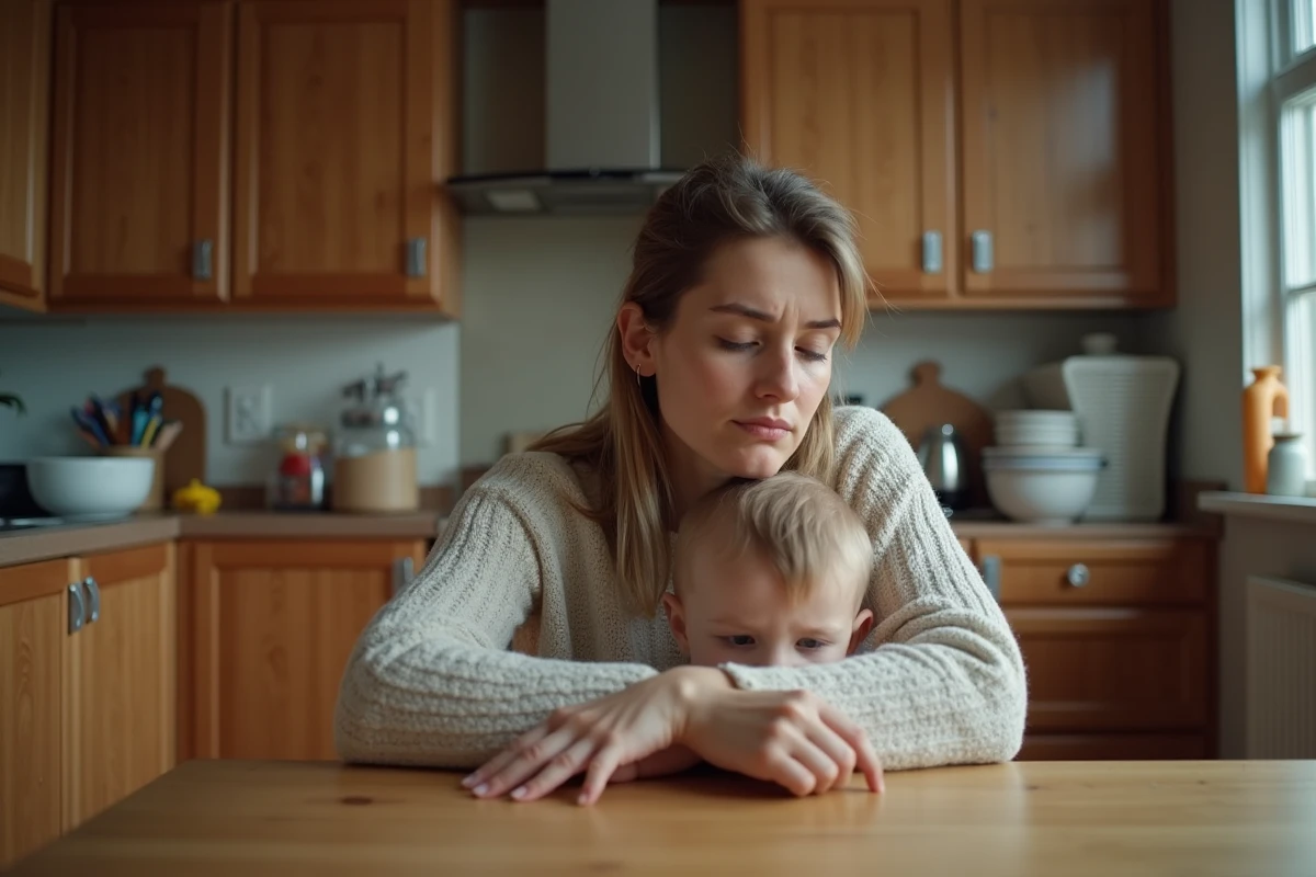 Maman fatiguée dans la cuisine avec enfant jouant