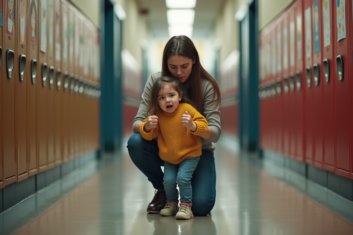 Mère inquiète consolant sa fille en colère dans un couloir d