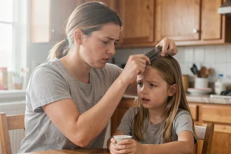 Maman fatiguée qui peigne les cheveux de sa fille pour détecter et traiter les poux à la maison
