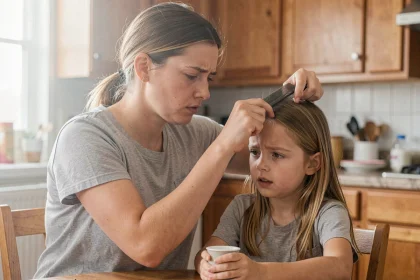 Maman fatiguée qui peigne les cheveux de sa fille pour détecter et traiter les poux à la maison