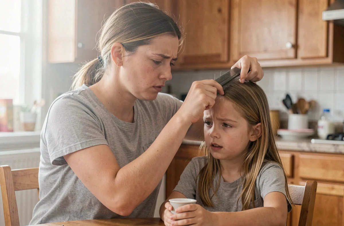 Maman fatiguée qui peigne les cheveux de sa fille pour détecter et traiter les poux à la maison