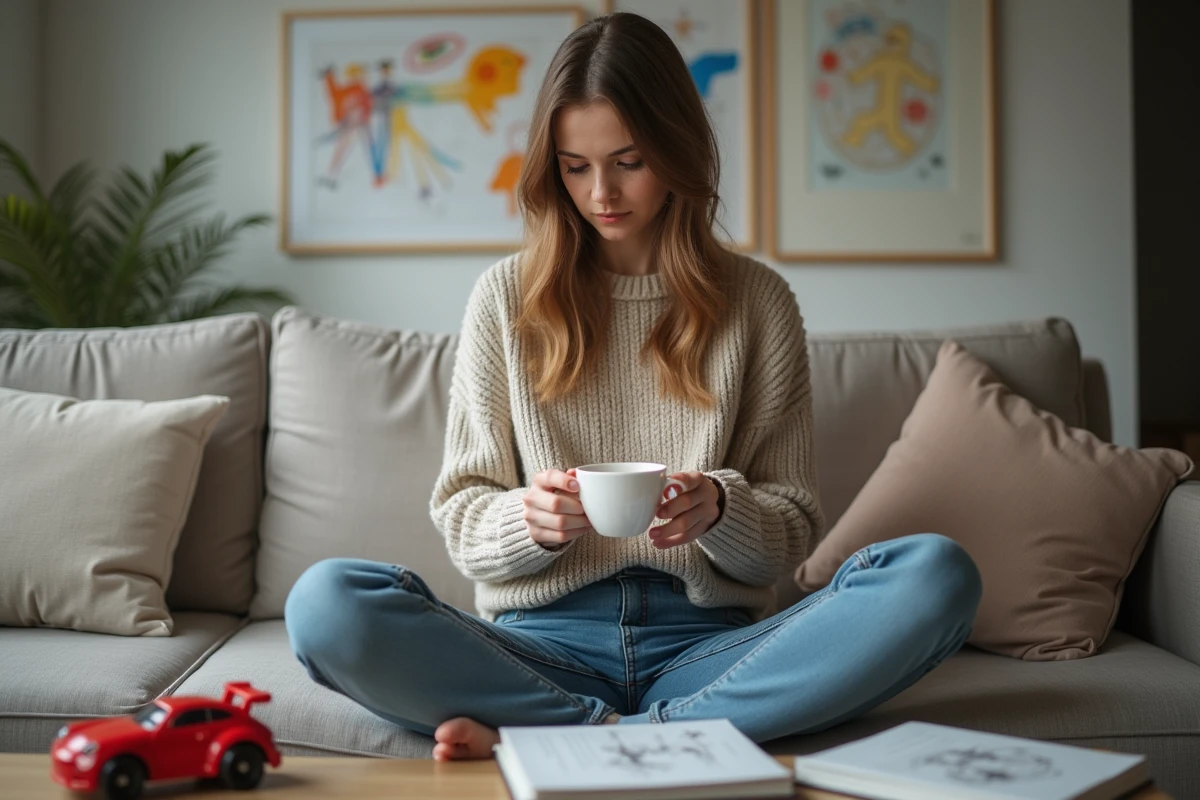 Maman assise sur le canapé en pensant avec tasse de thé