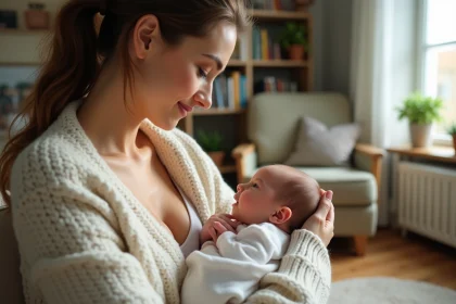 Maman allaitant son bébé dans un salon cosy