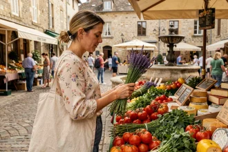 Femme parcourant un marché gourmand en plein air en Île-de-France, avec des légumes frais et des fromages artisanaux sur un étal coloré
