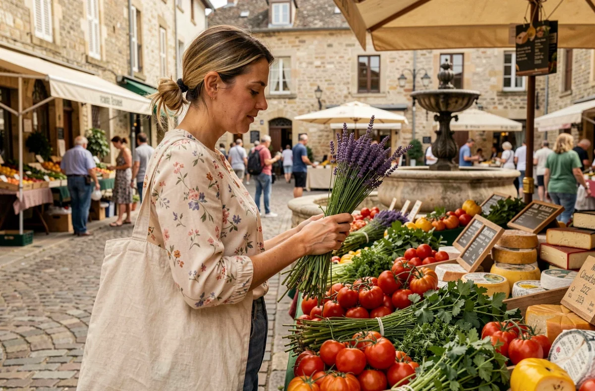 Femme parcourant un marché gourmand en plein air en Île-de-France, avec des légumes frais et des fromages artisanaux sur un étal coloré