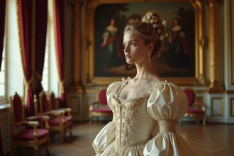 Portrait d'une jeune femme en robe de cour du XIXe siècle dans un salon de palais baroque, évoquant la sœur de Sissi impératrice Marie-Sophie de Bavière