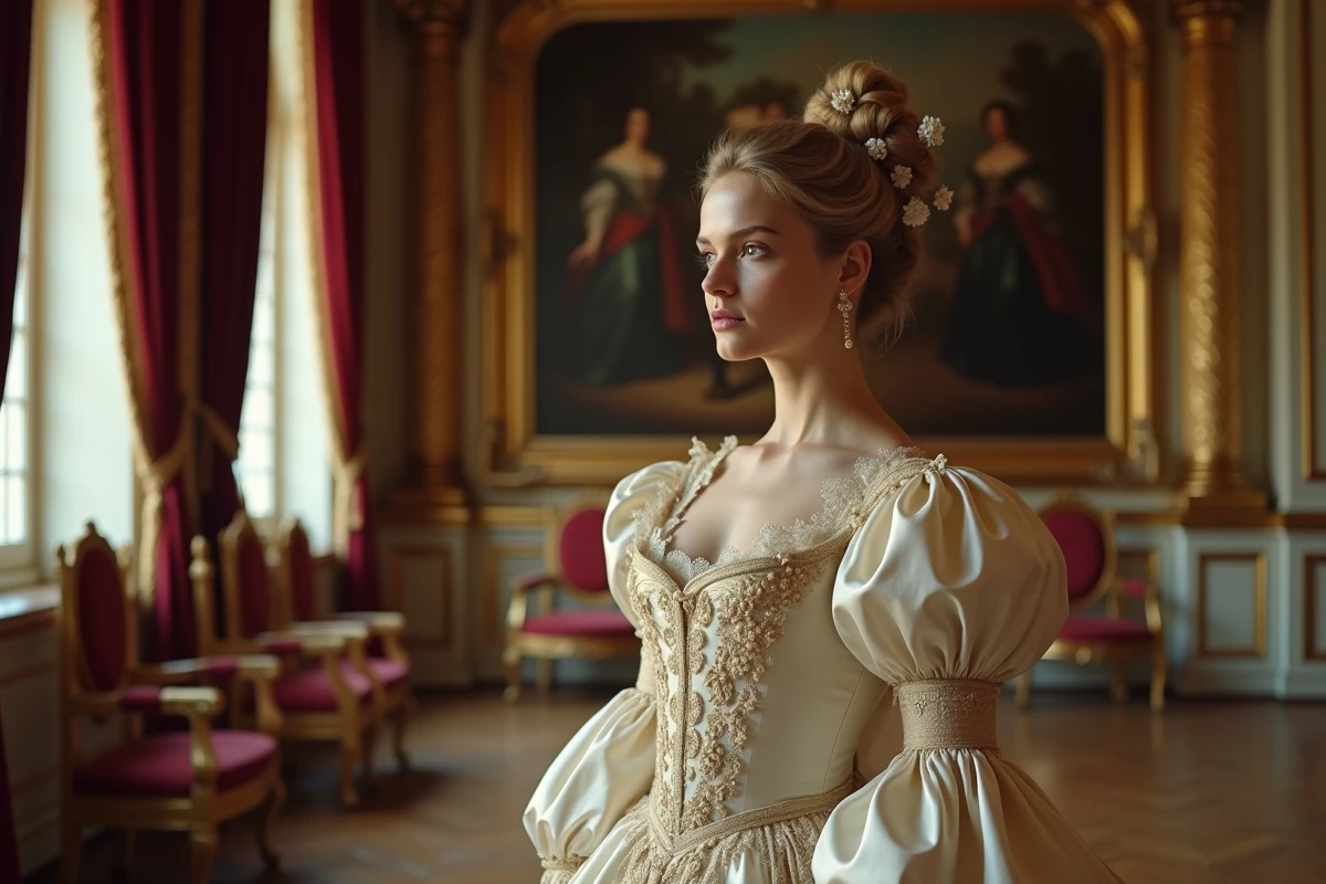 Portrait d'une jeune femme en robe de cour du XIXe siècle dans un salon de palais baroque, évoquant la sœur de Sissi impératrice Marie-Sophie de Bavière