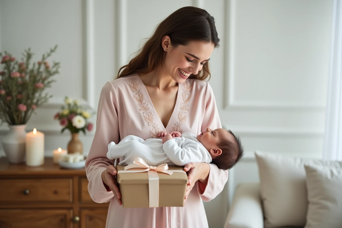 Marraine offrant un cadeau de baptême original à un bébé habillé en blanc tenu par sa mère