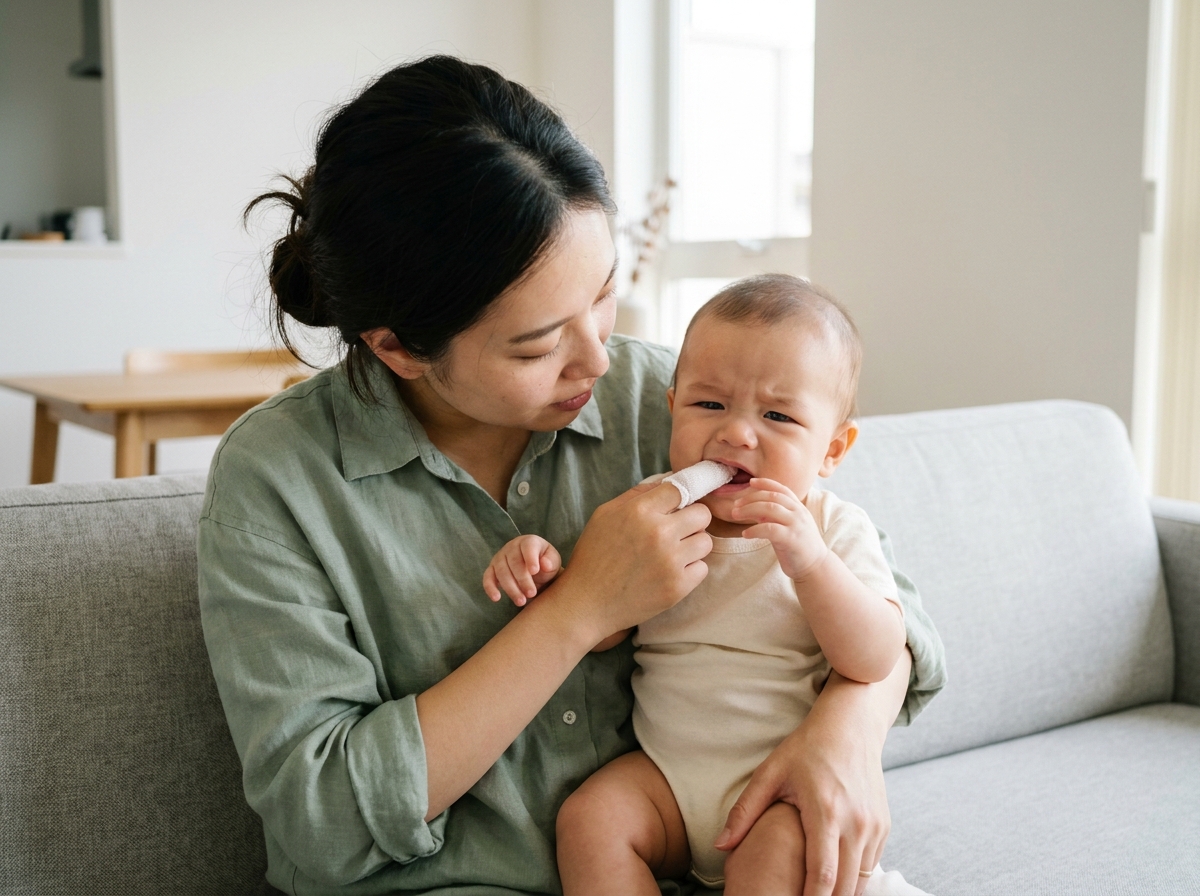 Maman massant les gencives de son bébé avec une compresse humide pour apaiser la poussée dentaire