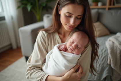 Mère tenant tendrement son bébé dans un intérieur paisible