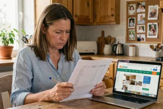 Mère de famille consultant une liste scolaire imprimée et le site MaFicheClasse sur ordinateur portable dans une cuisine moderne