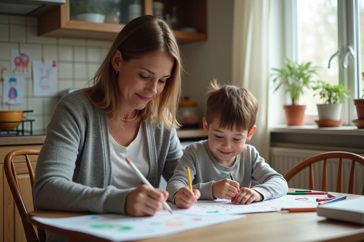 Mère et enfant dessinant ensemble à la table de cuisine dans un environnement domestique chaleureux et sécurisant