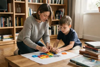 Mère et enfant explorant un jeu de magnétisme éducatif sur le sol d'un salon chaleureux