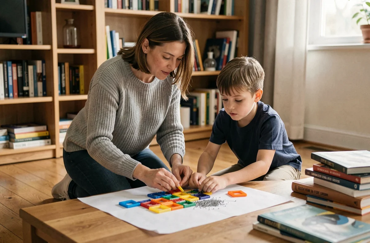 Mère et enfant explorant un jeu de magnétisme éducatif sur le sol d'un salon chaleureux