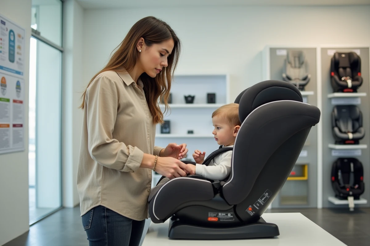 Mère inspectant un siège auto dans un showroom de sécurité routière pour comparer les modèles selon leur homologation