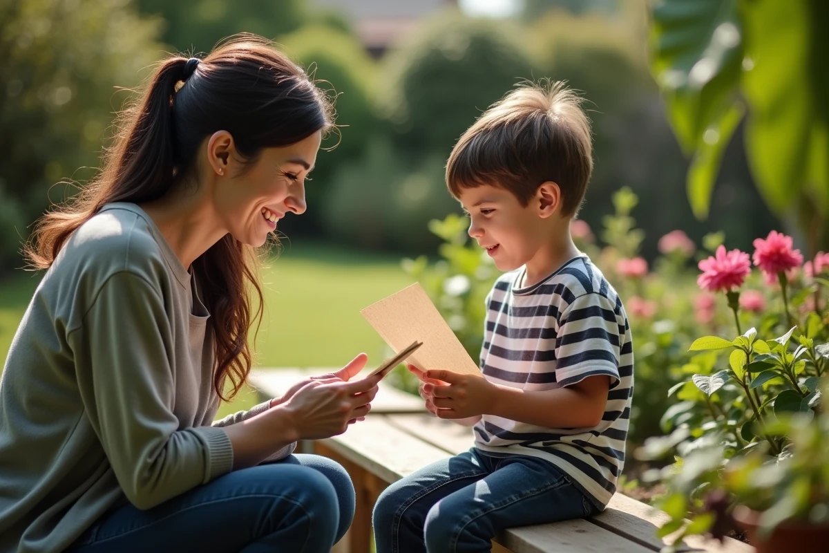 Mère lisant un texte d'anniversaire émouvant à son fils de 8 ans dans un jardin fleuri