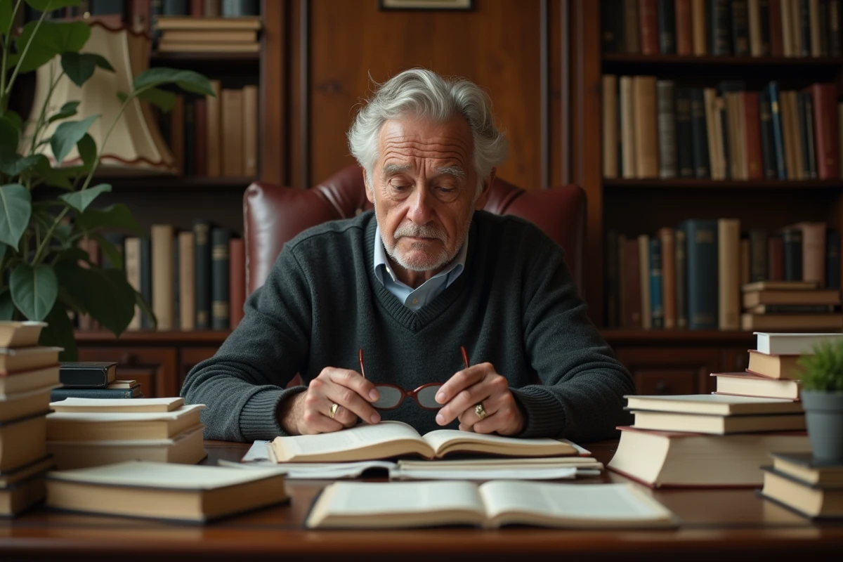 Homme distingué dans un bureau d'éditeur parisien entouré de livres et manuscrits, illustration du monde littéraire de Michel Lafon père de Julie Andrieu