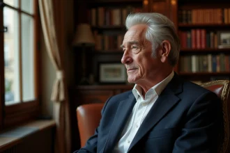 Portrait d'un homme élégant aux cheveux argentés dans un appartement parisien, évoquant Michel Lafon père de Julie Andrieu
