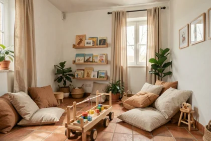 Intérieur chaleureux d'une micro-crèche en Nouvelle-Aquitaine avec espace de jeux en bois et coussins naturels
